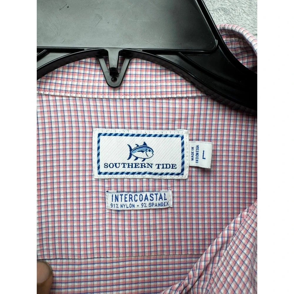 Southern Tide Men L Intercoastal Shirt Red Gingham Check Nylon Stretch Button Up